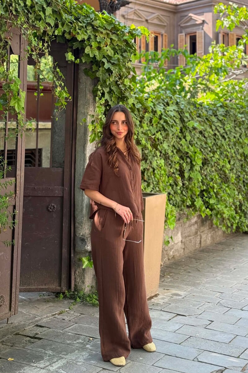 ONE COLOR LINEN BLEND SHIRT + TROUSERS WOMAN SET BROWN/KAFE - 6