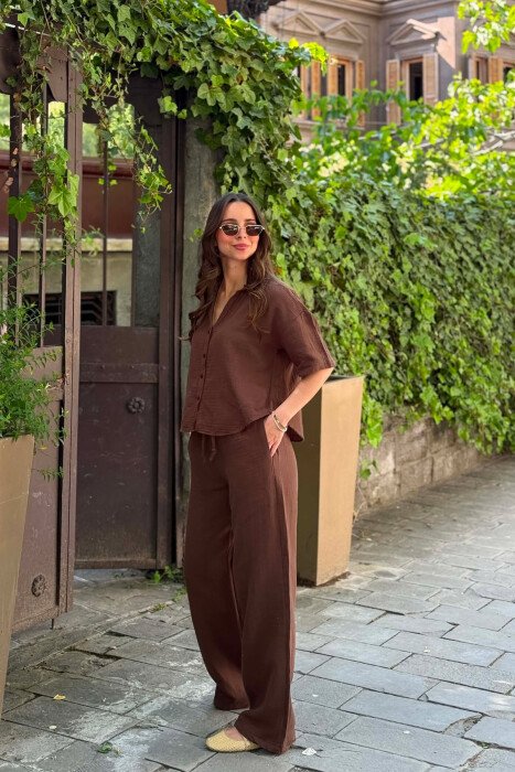 ONE COLOR LINEN BLEND SHIRT + TROUSERS WOMAN SET BROWN/KAFE - 7