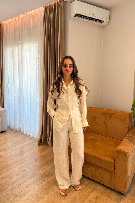 ONE COLOR LINEN BLEND SHIRT+ TROUSERS WOMAN SET CREAM/KREM - KLAUDIO FASHION