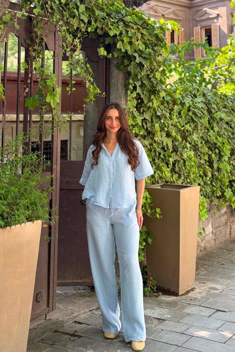ONE COLOR LINEN BLEND SHIRT + TROUSERS WOMAN SET LIGHTBLUE/BZ - 1