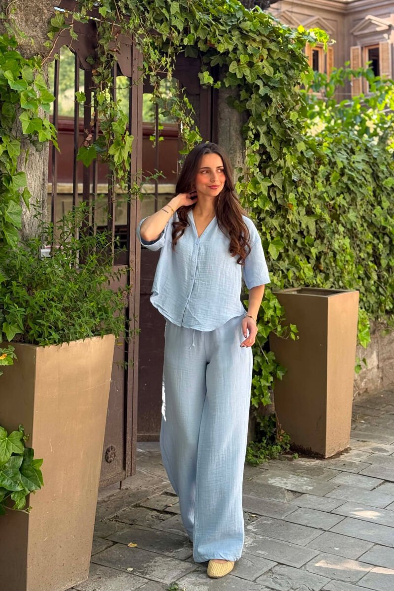 ONE COLOR LINEN BLEND SHIRT + TROUSERS WOMAN SET LIGHTBLUE/BZ - 2