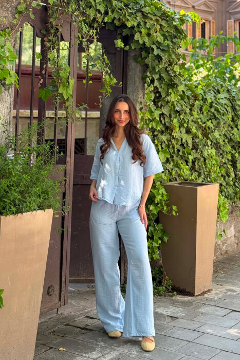 ONE COLOR LINEN BLEND SHIRT + TROUSERS WOMAN SET LIGHTBLUE/BZ - 3