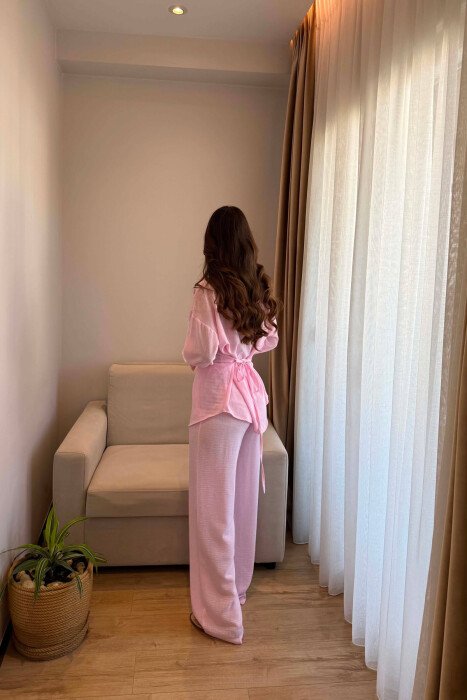 ONE COLOR LINEN BLEND SHIRT+ TROUSERS WOMAN SET PINK/ROZE - 3