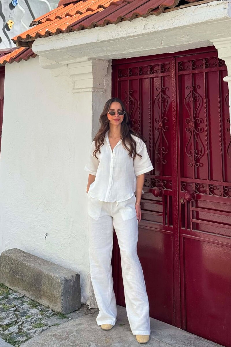 ONE COLOR LINEN BLEND SHIRT + TROUSERS WOMAN SET WHITE-E BARDHE - 1