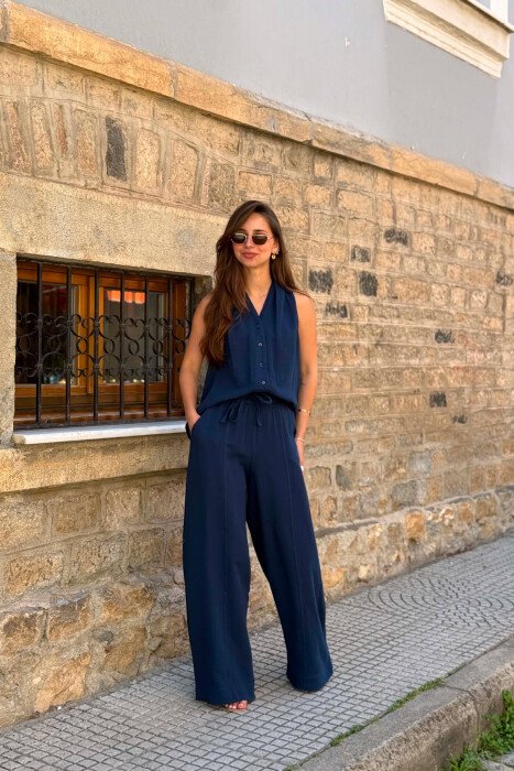 ONE COLOR LINEN BLEND VEST + TROUSERS WOMAN SET BLUE/BLU - 1