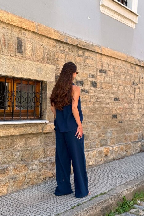 ONE COLOR LINEN BLEND VEST + TROUSERS WOMAN SET BLUE/BLU - 2