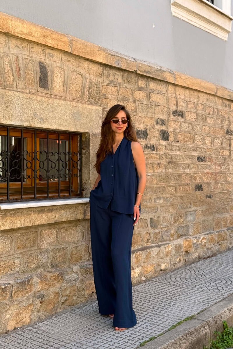 ONE COLOR LINEN BLEND VEST + TROUSERS WOMAN SET BLUE/BLU - 3
