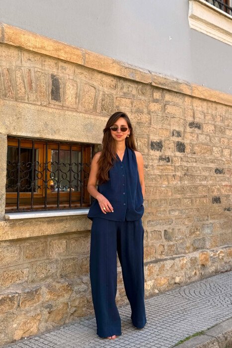 ONE COLOR LINEN BLEND VEST + TROUSERS WOMAN SET BLUE/BLU - 4