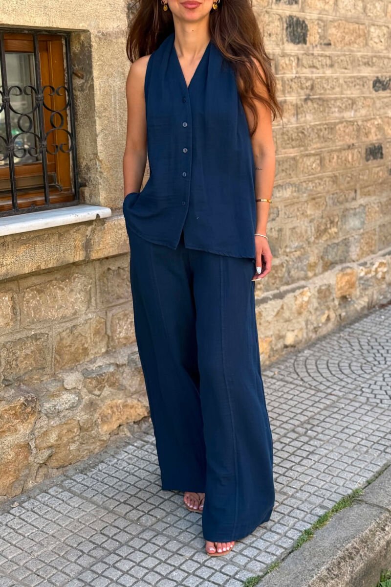 ONE COLOR LINEN BLEND VEST + TROUSERS WOMAN SET BLUE/BLU - 5