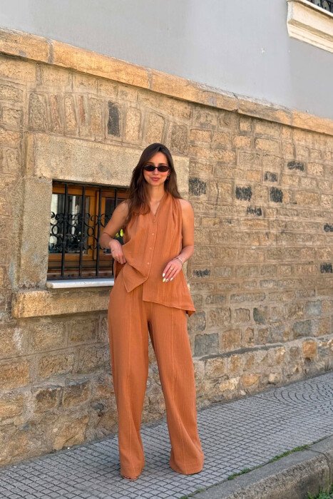 SET NJE NGJYRESH JELEK + PANTALLONA PER FEMRA NE NGJYRE KAFE E ZBARDHUR 