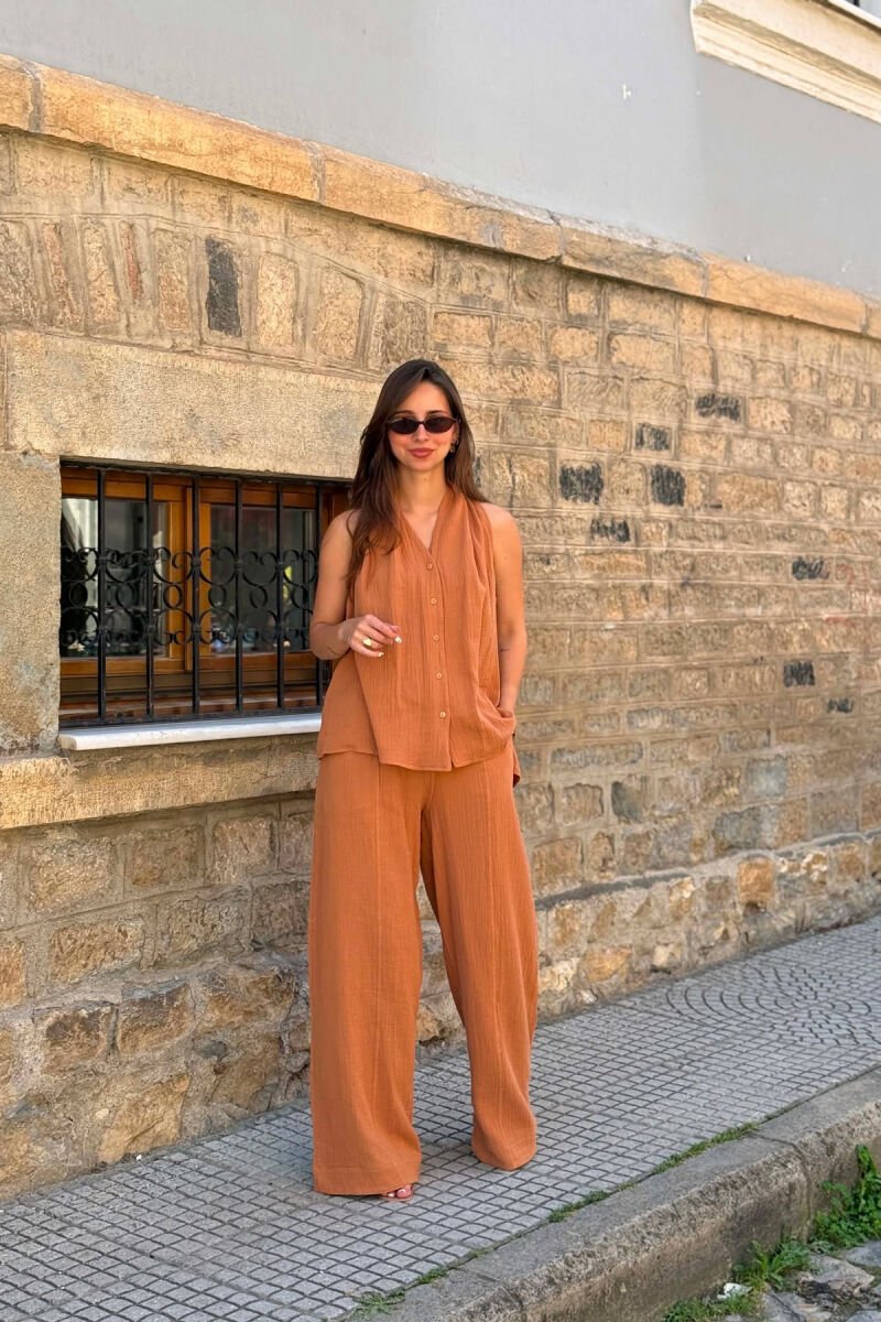 ONE COLOR LINEN BLEND VEST + TROUSERS WOMAN SET LIGHT BROWN/KAZB - 2