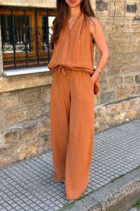 ONE COLOR LINEN BLEND VEST + TROUSERS WOMAN SET LIGHT BROWN/KAZB - 3