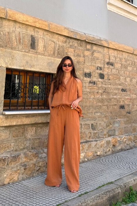 ONE COLOR LINEN BLEND VEST + TROUSERS WOMAN SET LIGHT BROWN/KAZB - 4