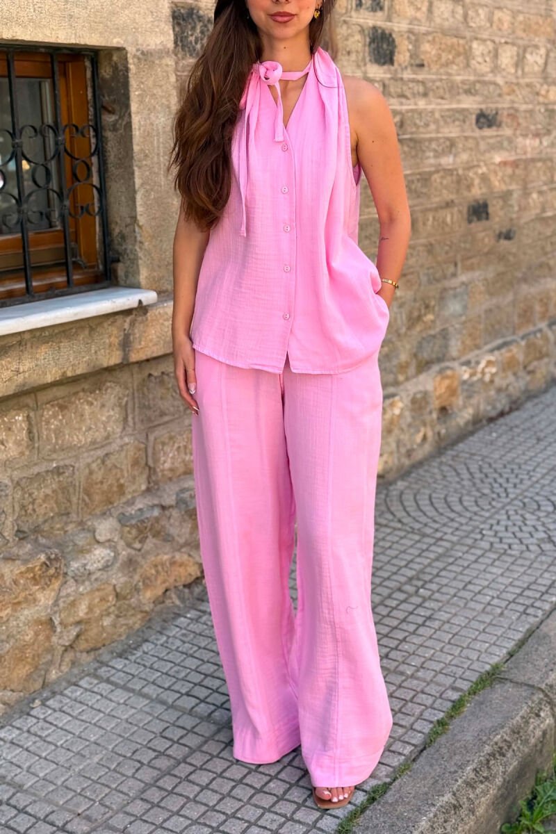 ONE COLOR LINEN BLEND VEST + TROUSERS WOMAN SET PINK/ROZE - 3
