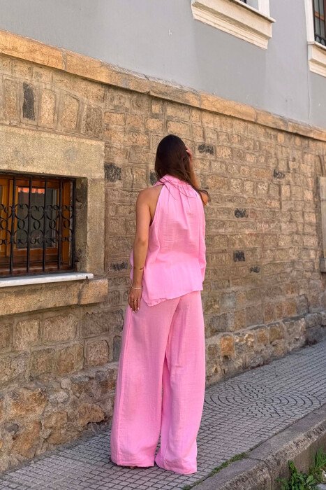 ONE COLOR LINEN BLEND VEST + TROUSERS WOMAN SET PINK/ROZE - 4