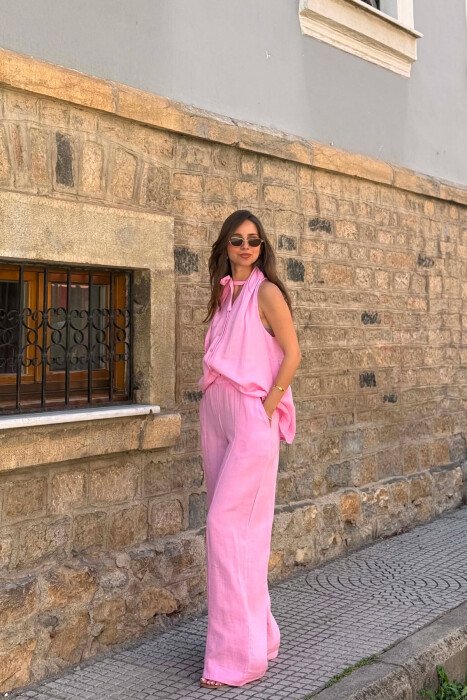 ONE COLOR LINEN BLEND VEST + TROUSERS WOMAN SET PINK/ROZE - 5