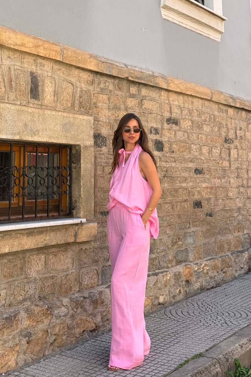 ONE COLOR LINEN BLEND VEST + TROUSERS WOMAN SET PINK/ROZE - 5
