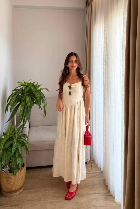 ONE COLOR LINEN BLEND WOMAN DRESS CREAM/KREM - KLAUDIO FASHION