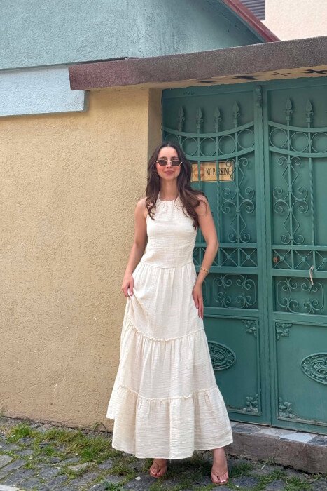 ONE COLOR LINEN BLEND WOMAN DRESS CREAM/KREM - KLAUDIO FASHION