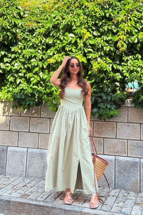 ONE COLOR LINEN BLEND WOMAN DRESS GREEN/JESHILE - KLAUDIO FASHION