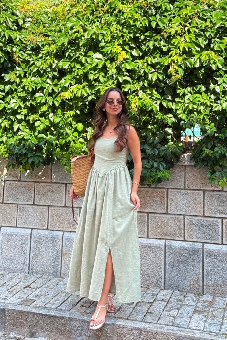 ONE COLOR LINEN BLEND WOMAN DRESS GREEN/JESHILE - 2