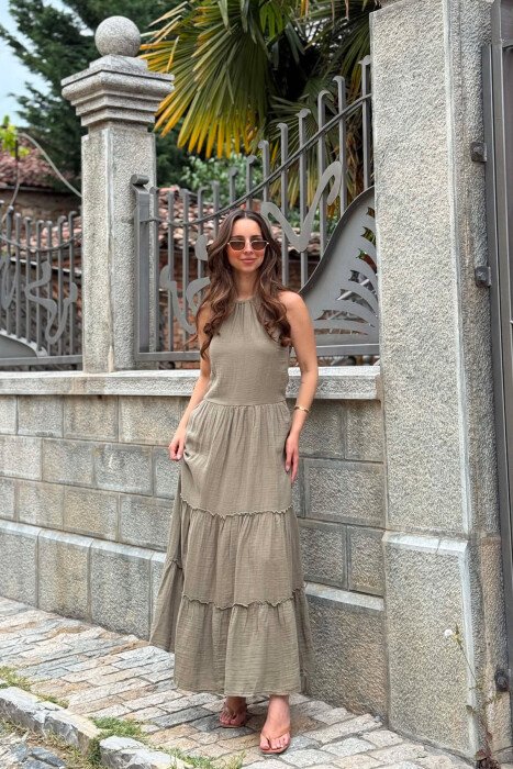 ONE COLOR LINEN BLEND WOMAN DRESS OLIVE/ULLI - KLAUDIO FASHION