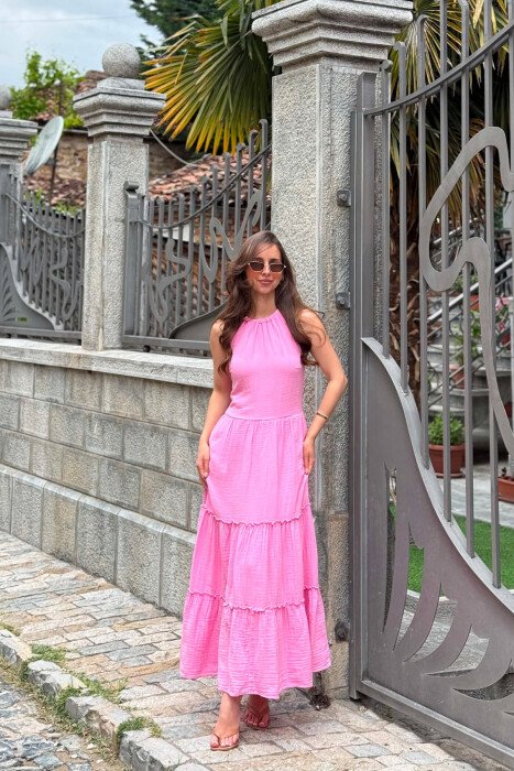 ONE COLOR LINEN BLEND WOMAN DRESS PINK/ROZE - KLAUDIO FASHION