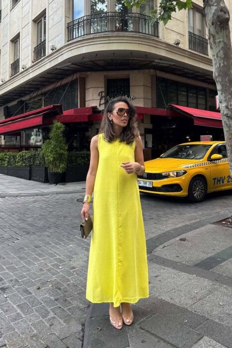 ONE COLOR LINEN BLEND WOMAN DRESS YELLOW/E VERDHE - 4