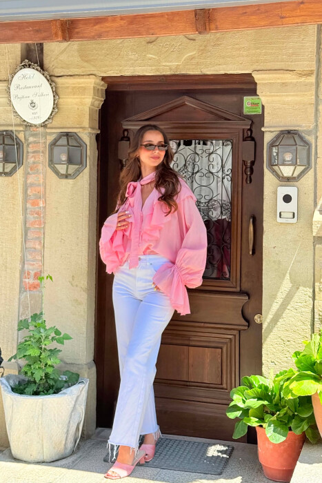 ONE COLOR LINEN BLEND WOMAN SHIRT PINK/ROZE - 5