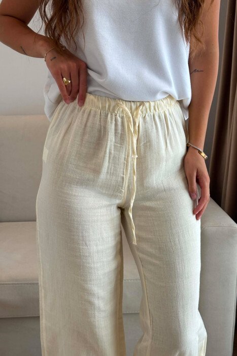 ONE COLOR LINEN BLEND WOMAN TROUSERS CREAM/KREM - 2