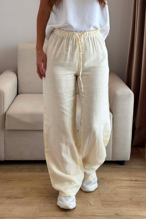 ONE COLOR LINEN BLEND WOMAN TROUSERS CREAM/KREM - 4
