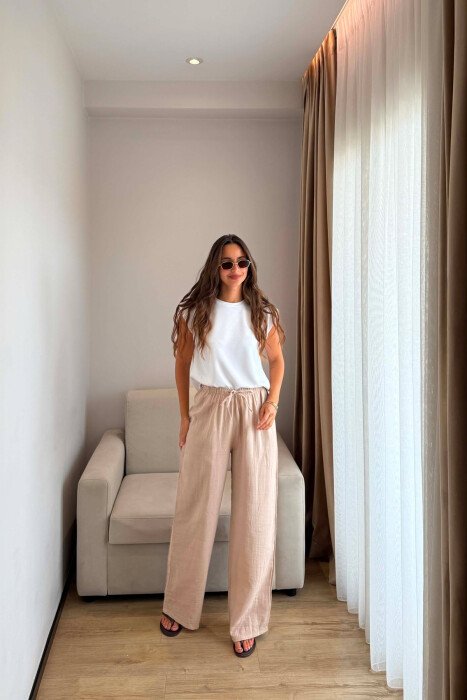 ONE COLOR LINEN BLEND WOMAN TROUSERS DARK BEIGE/BEZHE ERRET - KLAUDIO FASHION