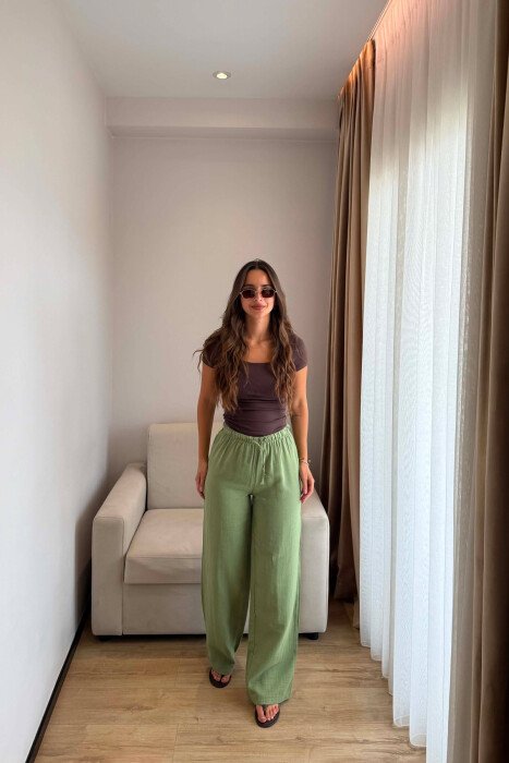 ONE COLOR LINEN BLEND WOMAN TROUSERS GREEN/JESHILE - KLAUDIO FASHION
