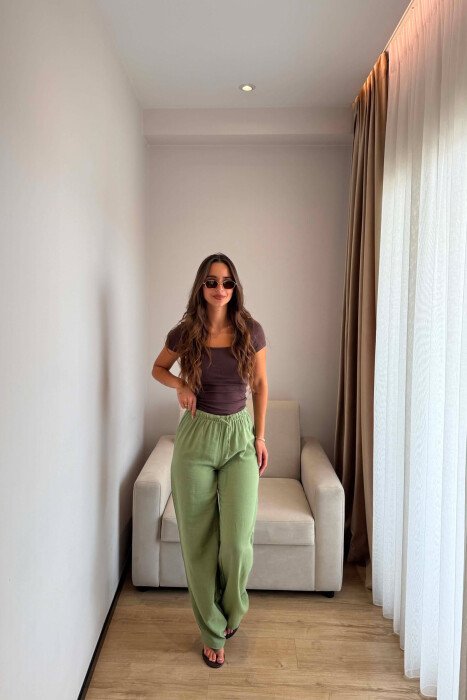 ONE COLOR LINEN BLEND WOMAN TROUSERS GREEN/JESHILE - 6