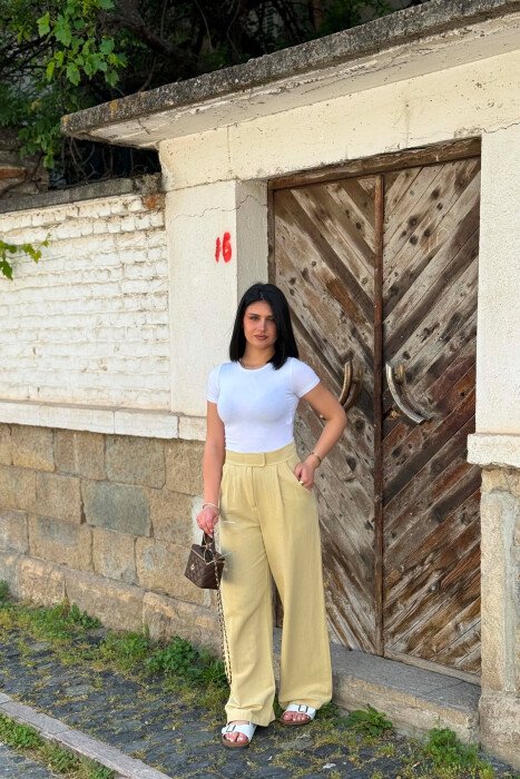 ONE COLOR LINEN BLEND WOMAN TROUSERS KHAKI / KAKI - 1