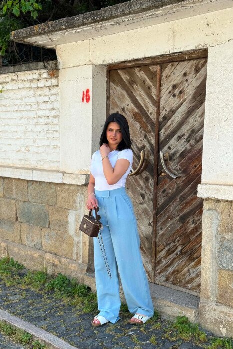 ONE COLOR LINEN BLEND WOMAN TROUSERS LIGHTBLUE/BZ - 4