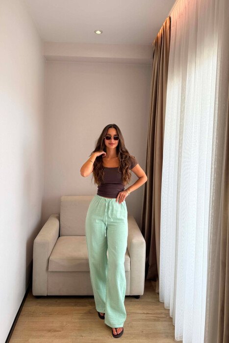 ONE COLOR LINEN BLEND WOMAN TROUSERS MINT/MENTE - KLAUDIO FASHION