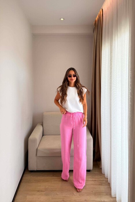 ONE COLOR LINEN BLEND WOMAN TROUSERS PINK/ROZE - KLAUDIO FASHION