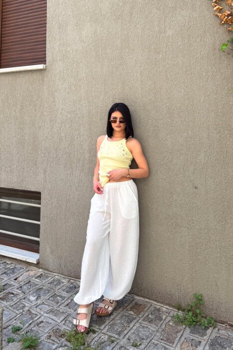ONE COLOR LINEN BLEND WOMAN TROUSERS WHITE-E BARDHE 