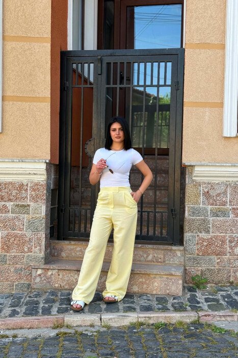 PANTALLONA NJE NGJYRESHE LINO PER FEMRA NE NGJYRE TE VERDHE - KLAUDIO FASHION