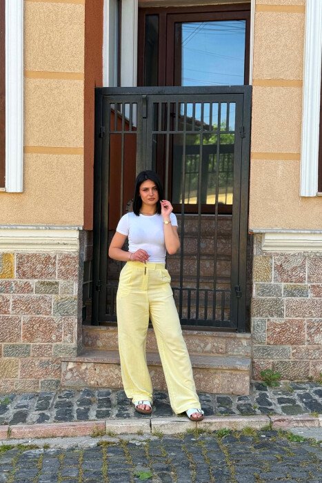 ONE COLOR LINEN BLEND WOMAN TROUSERS YELLOW/E VERDHE - 2