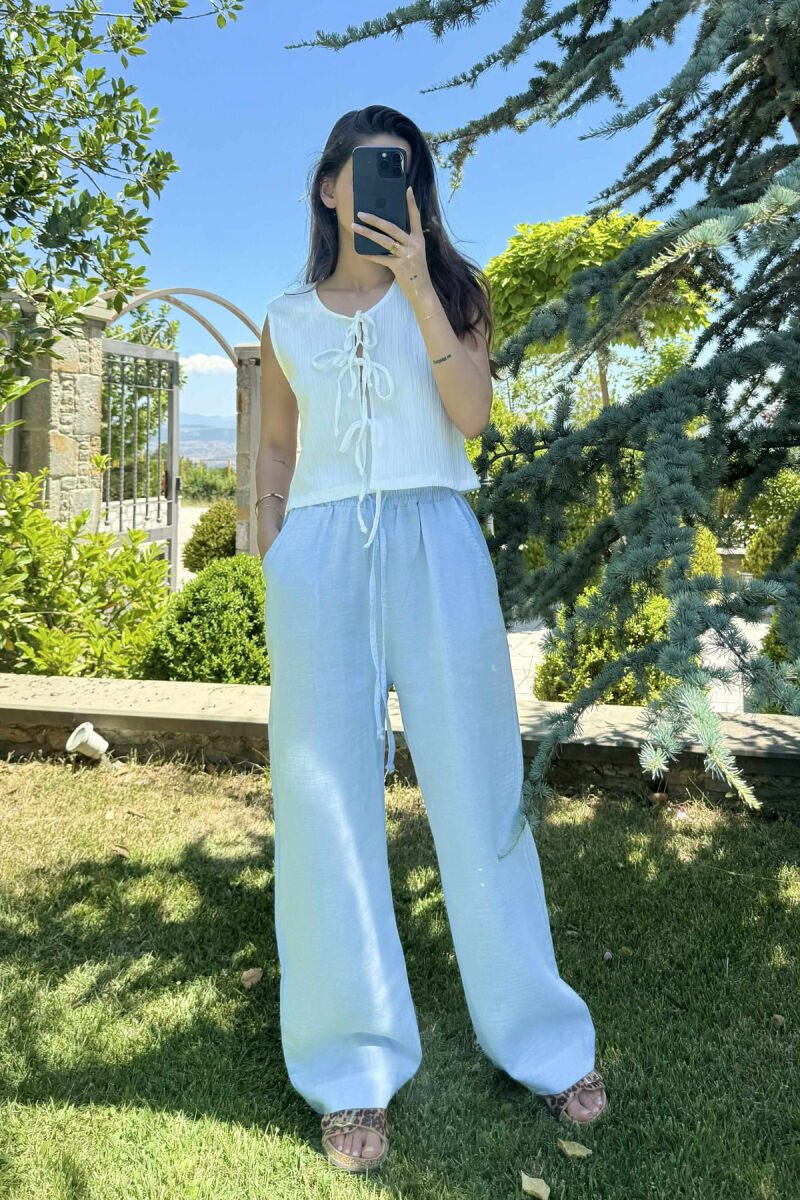 ONE COLOR LINEN ELASTIC WAIST WOMEN TROUSERS LIGHTBLUE/BZ - 2