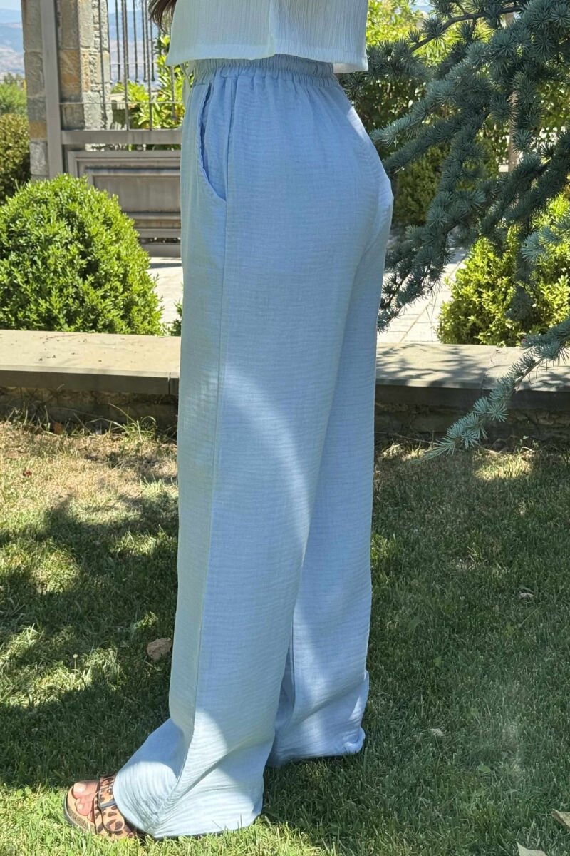 ONE COLOR LINEN ELASTIC WAIST WOMEN TROUSERS LIGHTBLUE/BZ - 3