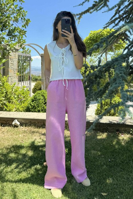 ONE COLOR LINEN ELASTIC WAIST WOMEN TROUSERS PINK/ROZE - 2
