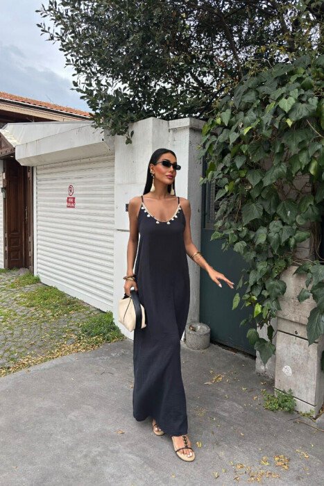 ONE COLOR LINEN LONG WOMEN DRESS BLACK/ E ZEZE - KLAUDIO FASHION