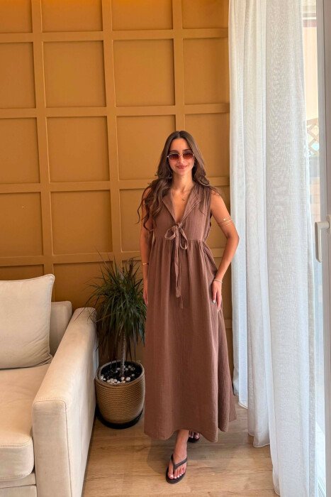 ONE COLOR LINEN LONG WOMEN DRESS BROWN/KAFE - 1