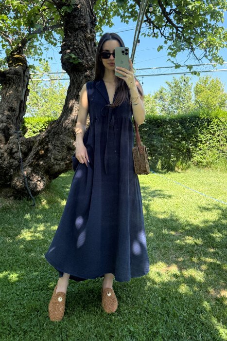 ONE COLOR LINEN LONG WOMEN DRESS DARK BLUE/BEE 