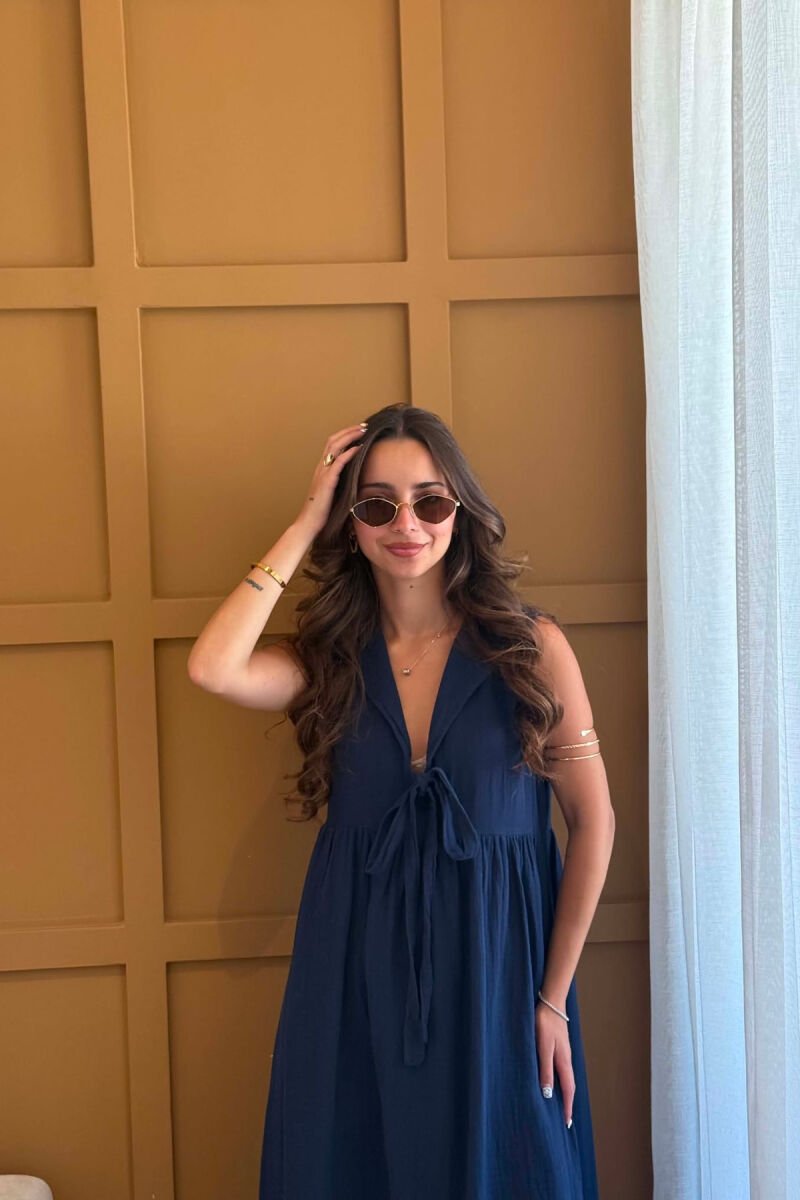 ONE COLOR LINEN LONG WOMEN DRESS DARK BLUE/BEE - 3