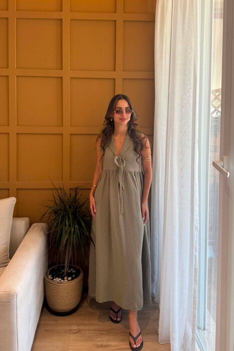 ONE COLOR LINEN LONG WOMEN DRESS OLIVE/ULLI - 1