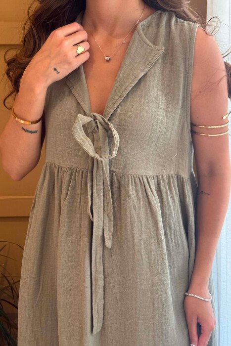 ONE COLOR LINEN LONG WOMEN DRESS OLIVE/ULLI - 2